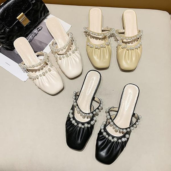 

slippers 2021 summer muller shoes low heel square head sandals toe pearl belt mules, Black