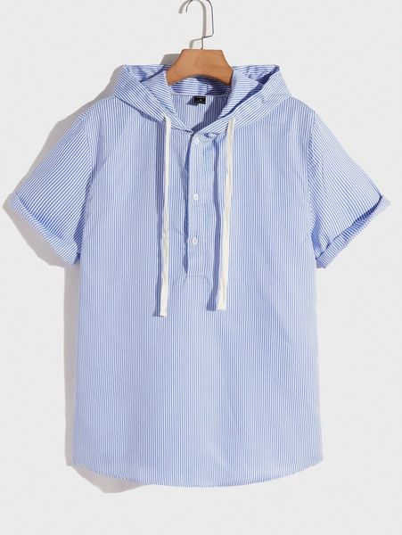 

men buttoned front striped drawstring hooded shirt 083z#, White;black