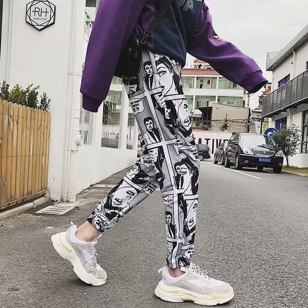 

man's fashion cartoon comics print pants loose sport casual drawstring elastic high waist joggers pants hip hop cropped trousers c0222, Black