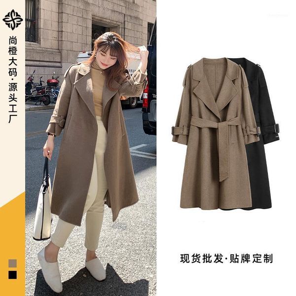 

[shangcheng] fatten and thickened warm double-sided sheepskin coat temperament waist long windbreaker woollen female 9956 women's wool, Black
