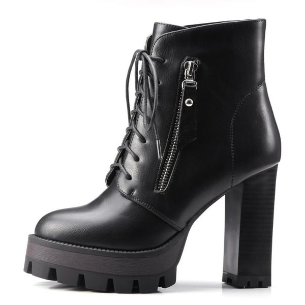 

boots fashion winter pure color grey brown round toe elegant cross tied motercycle matin ankle 32-42, Black