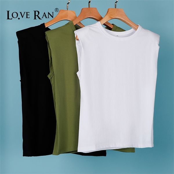 

women cotton shoulder padded t-shirt o-neck sleeveless solid female korean t-shirts new summer casual loose ladies 210317, White