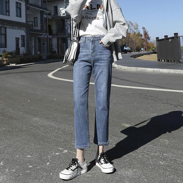 

women's jeans high waist casual straight-leg stretch girls 2021 spring fashion slim cotton pure color boutique trousers, Blue