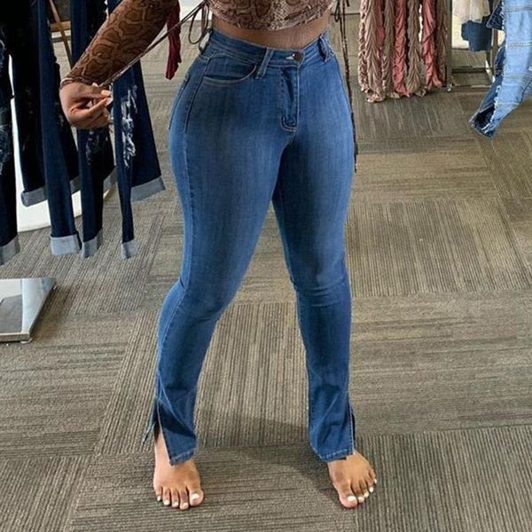 

women's jeans solid women tight slim denim plus size korean style side slit ankle-length college trendy all-match female bottom chic, Blue