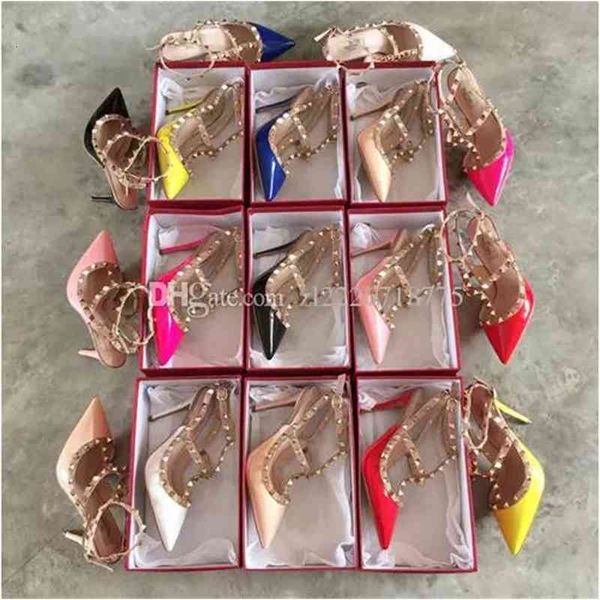 

women designer high heels 9.5cm patent leather fashion rivets pointed shoes party wedding double straps sandals c20, Black