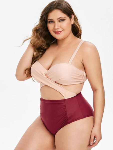 

one-piece suits twist push up two tone plus size ruched swimsuit bikinis bath 2021