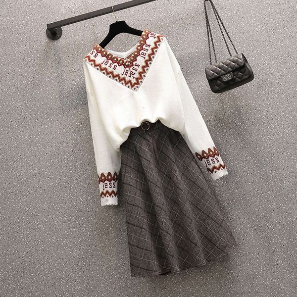

big size chubby sister autumn winter 2020 new age reducing slim belly covering fashion sweater & skirt two piece suit for women, White;black