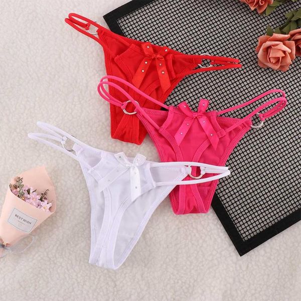 

women's panties women g-string briefs underwear low waist bowknot thongs with iron rings girls underpants, Black;pink