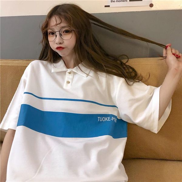 

women's polos ins short sleeve shirt womens summer korean version button loose casual harajuku cute schoolgirl bf wind on clothes vinta, White