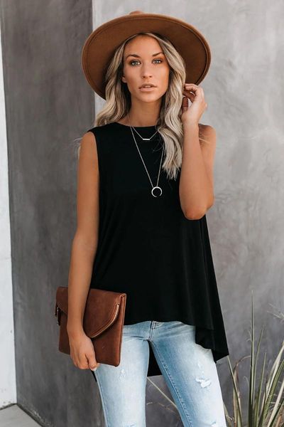 

women's t-shirt high low summer sleeveless asymmetrical tank crew neck irregular hem tunic t shirt, White