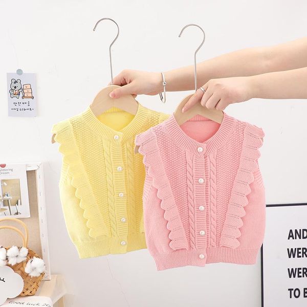 

pullover spring autumn children girls solid ruffles sleeveless v neck cardigans sweater kids casual vest waistcoat, Blue