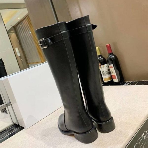

boots winter round toe pure color lace up knee-high fashionable prom flats women shoes, Black