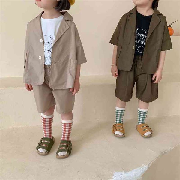 

summer korean style boys solid color suit sets thin short sleeve and shorts 2pcs 210708, White