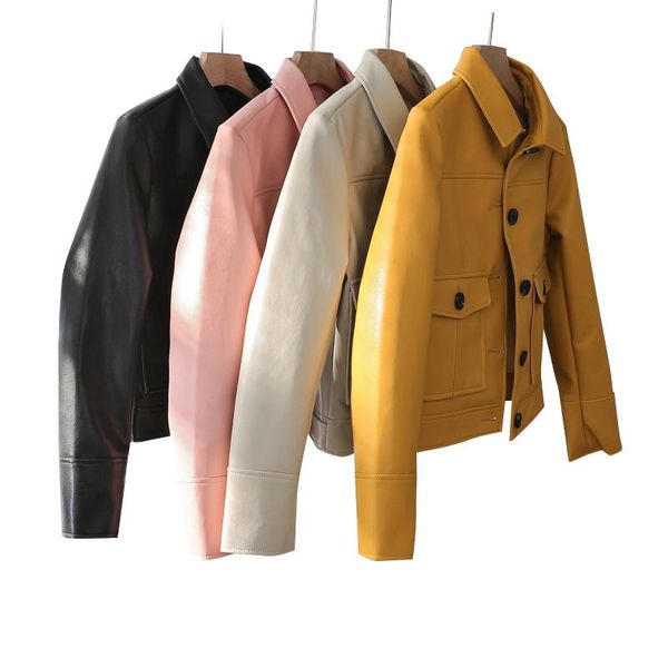 

women's leather & faux yellow vintage jacket women lapel single breasted slim coat autumn motorcycle style elegant jackets female 1676, Black