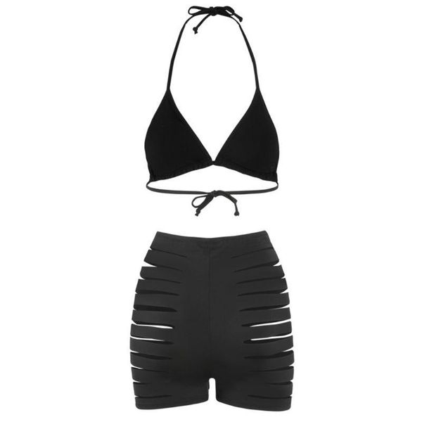 

one-piece suits women neon solid brazilian bikini halter padded hollow out shorts swimsuit