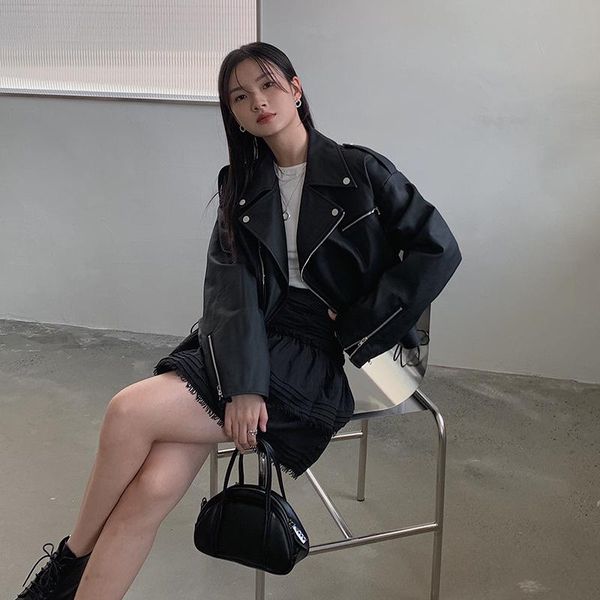 

women's leather & faux handsome short motorcycle clothes autumn 2021 leisure long sleeve lace up jacket, Black