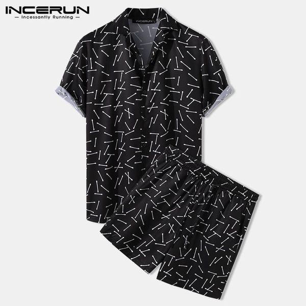

incerun men hawaiian sets printing breathable short sleeve button shirt beach shorts streetwear casual mens suit summer 2 pieces, Gray