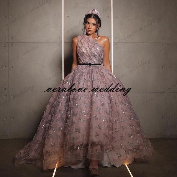 

light purple one shoulder prom dress ball gown appliques lace ankle length robes de soiree middle east evening party gowns, Black