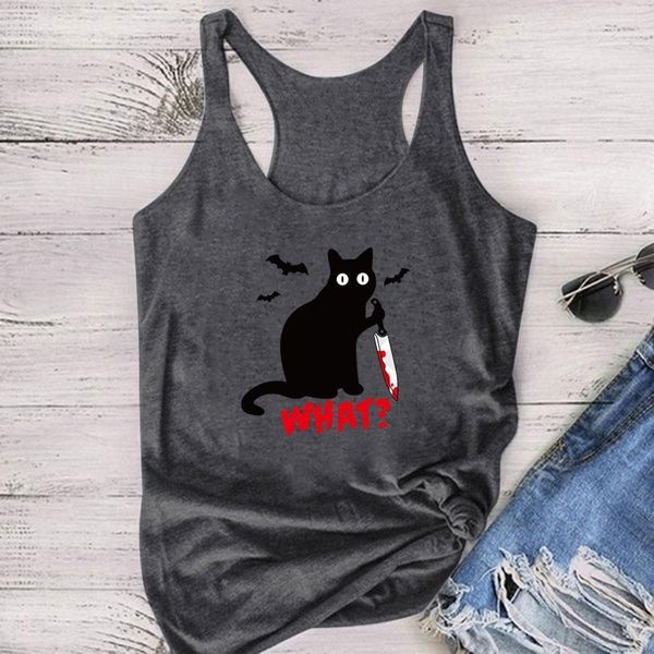 

2021 gothic cat knife bats tank what printed tank women sleeveless summer graphic vest cotton crew neck tank loose, White