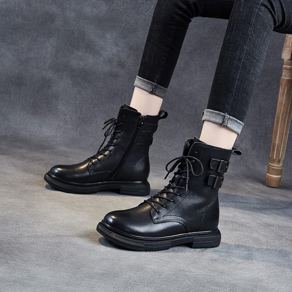 

boots 2021 autumn motorcycle women's platform short genuine leather slim vintage style locomotive single warm, Black