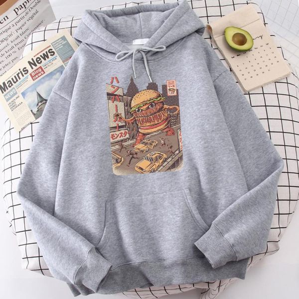 

men's hoodies & sweatshirts hamberger monster bergerzilla printing male hoody fleece autumn clothing thick winter men hooded oversized, Black