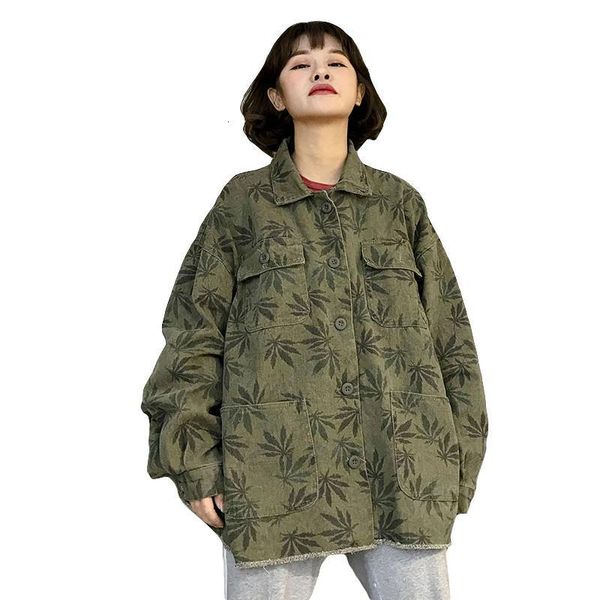 

streetwear jaqueta oversize for women maple leaf printer casual jacket bomber jeans style bf loose outwear jackets 2021 d134 xq5y, Black;brown