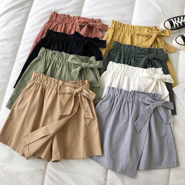 

women's shorts bowknot a-line culottes 2021 summer korean student casual high-waist design wide-leg women clothing, White;black