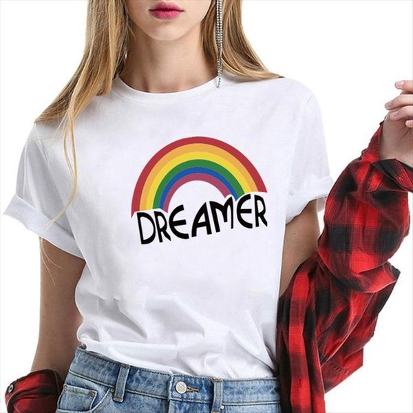 

dreamer rainbow print funny harajuku women t shirts fashion graphic cotton aesthetics clothing tee shirt femme, White