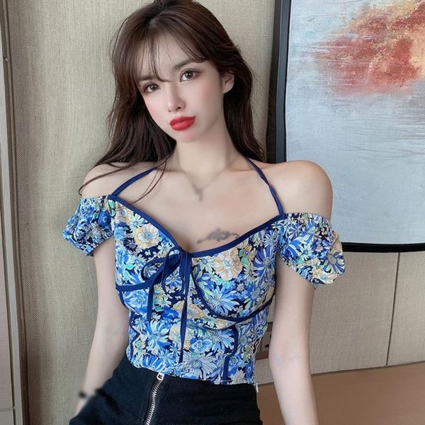 

women's blouses & shirts women fashion floral print blouse slim exposed navel short sleeves summer clothes, White