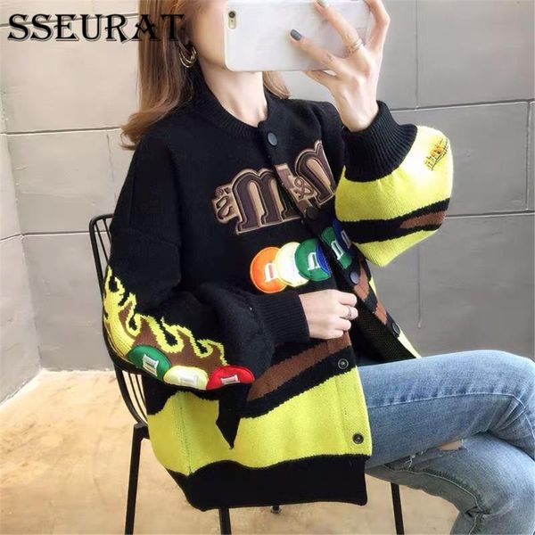 

women's knits & tees sseurat cardigan knitted korean fashion print wool sweater for women winter long sleeve o-neck casual knitwear coa, White