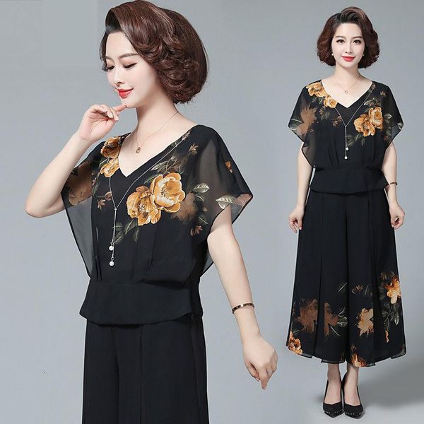 

women's floral printed two pieces suits set short- sleeved with pants 2021 summer chiffon fashion 2 piece set plus size w229, Gray