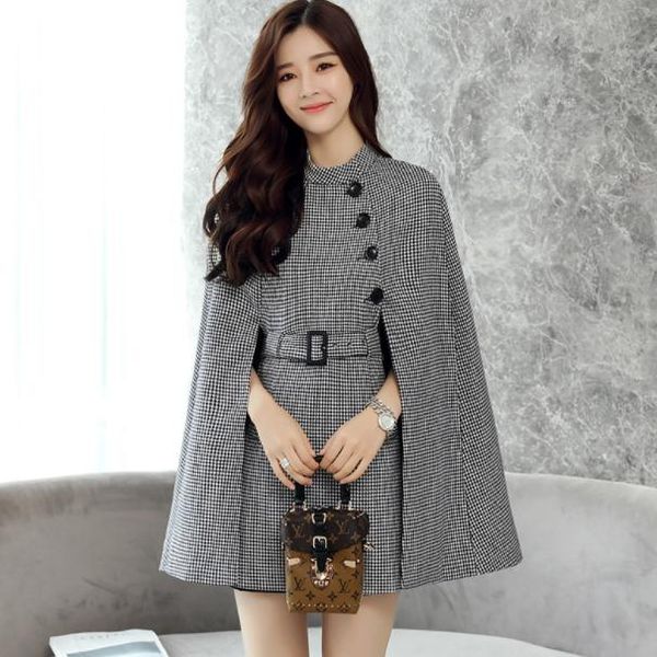 

plaid coat female jacket autumn women's new british style cloak woolen jacket fashion cape coat female casual blazers da22, White;black