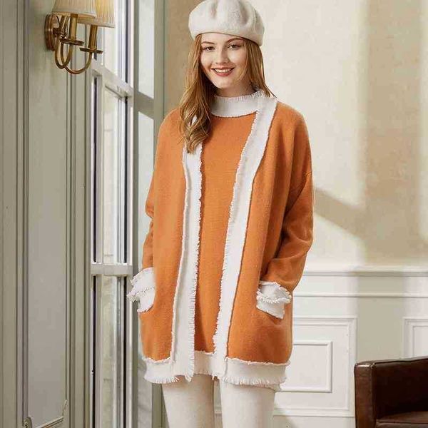 

women's knits & tees autumn and winter 100% pure cashmere sweater women's cardigan stitching two-piece set 12bv, White