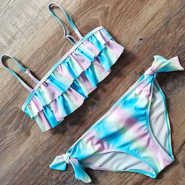 

4-14 years girl swimsuit swimwear ruffle girl bikini set tie dye two piece children's swimwear kids bathing suit beachwear 2021