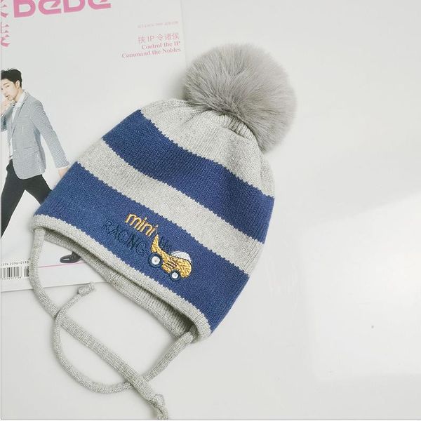 

caps & hats cute baby hat with pompom winter autumn warm knitted beanie striped ear warmer children bonnet boys girls earflap cap, Yellow