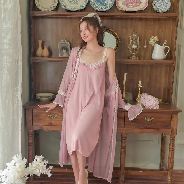 

new modal 2 pieces women's robe sets vintage princess lace sweet girls loose sleepwear girls night dress spring autumn, Black;red