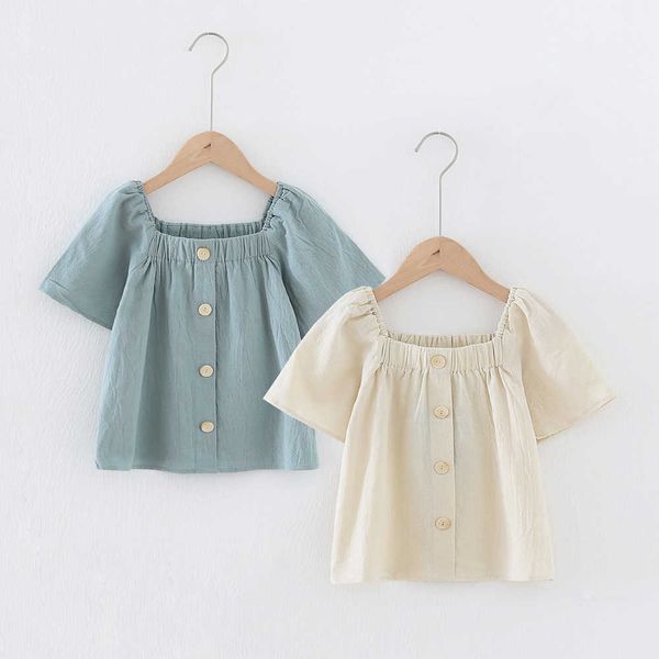 

summer girls casual square neck puff sleeve t-shirt children 2021summer new linen woven soft loose single-breasted boutique y0914, Blue