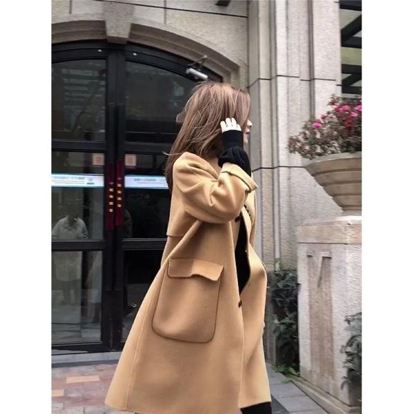 

women's wool & blends double sided cashmere coat fashionable autumn and winter tweed middle long small korean students, Black