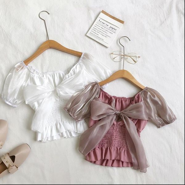 

elegant women slash neck lantern puff sleeve bandage strap basic bow shirt vintage short elastic slim organza blouse, White