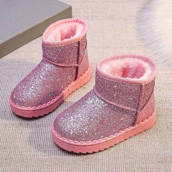 

boots fashion sequined kids baby snow winter children 2021 plush thicker sole cotton princess girls size 25-26, Black;grey