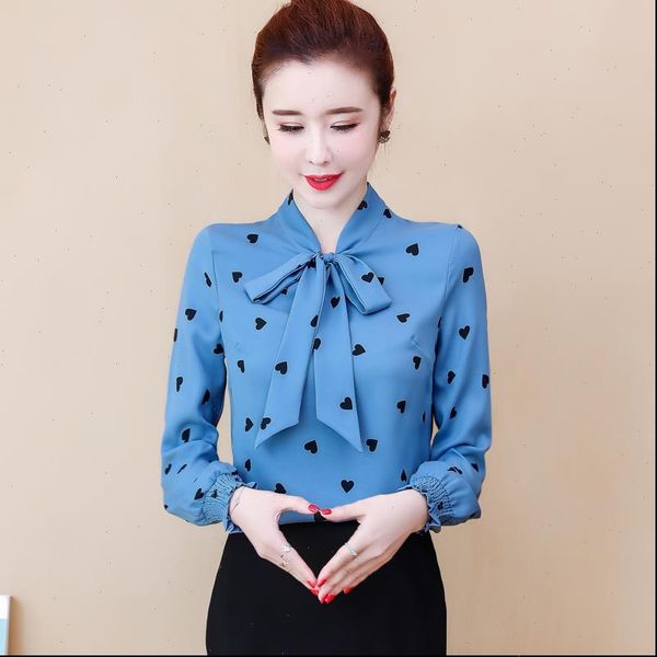 

womens shirts women spring summer style chiffon blouses lady casaul long sleeve polka dot printed bow tie collar blusas, White