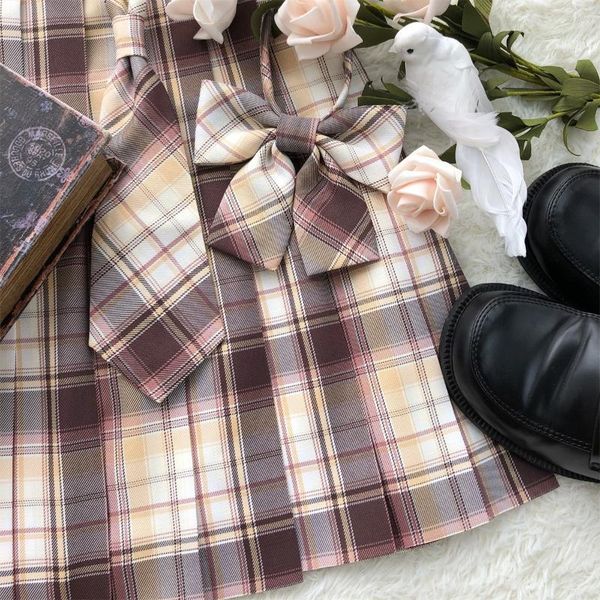 

skirts mango dessert original design yellow brown plaid checks pleated skirt good quality sharp pleats preppy style & necktie/neckbow, Black