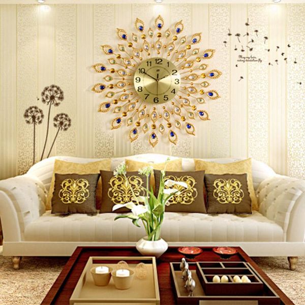

70x70cm large 3d gold diamond peacock wall clock diy metal watch for home living room decoration clocks crafts ornaments gifts