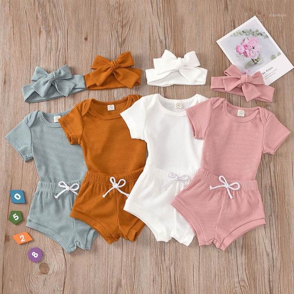 

clothing sets toddler baby girl summer solid short color sleeve bodysuit romper jumpsuit + pants+headband suit 3pcs outfit set, White