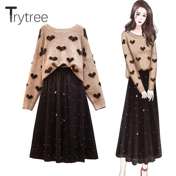 

two piece dress trytree 2021 autumn winter set casual o-neck sweater khaki knitting + skirt voile elastic waist 2, White