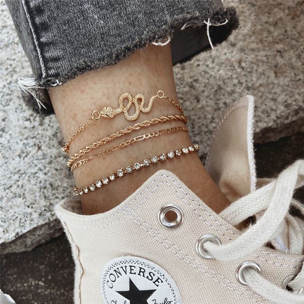 

trend snake anklets for women girls layered vintage summer beach ankle bracelet gold color anklet set female jewelry gifts, Golden;silver