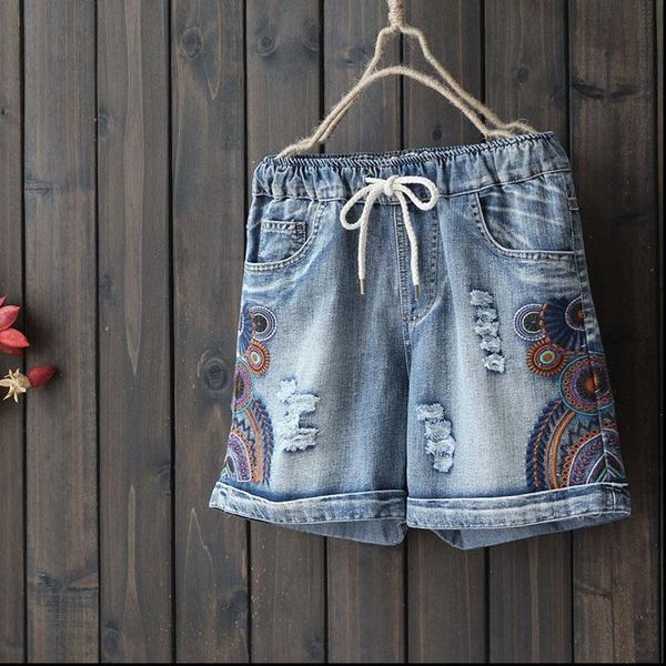 

geometric embroidery holes cotton denim shorts women summer 2021 casual loose plus size  3xl drop shipping, Blue