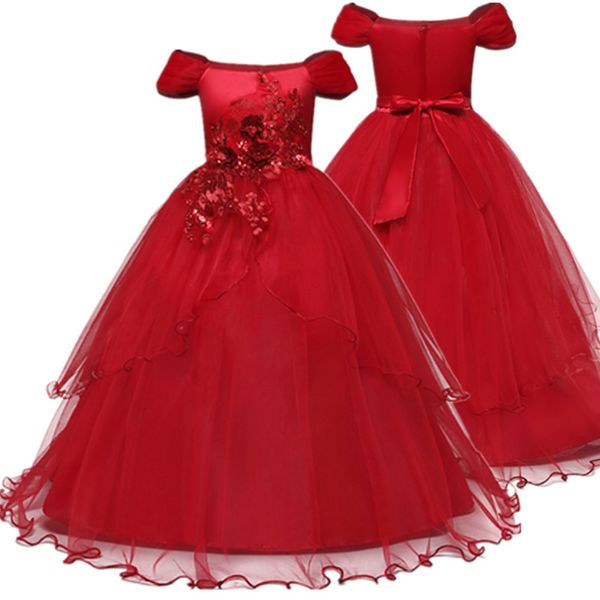 Flor menina vestido vestido vermelho Natal laço longo casamento concurso primeiro comunhão vestido para meninas grandes crianças vestir formal 12t 210303