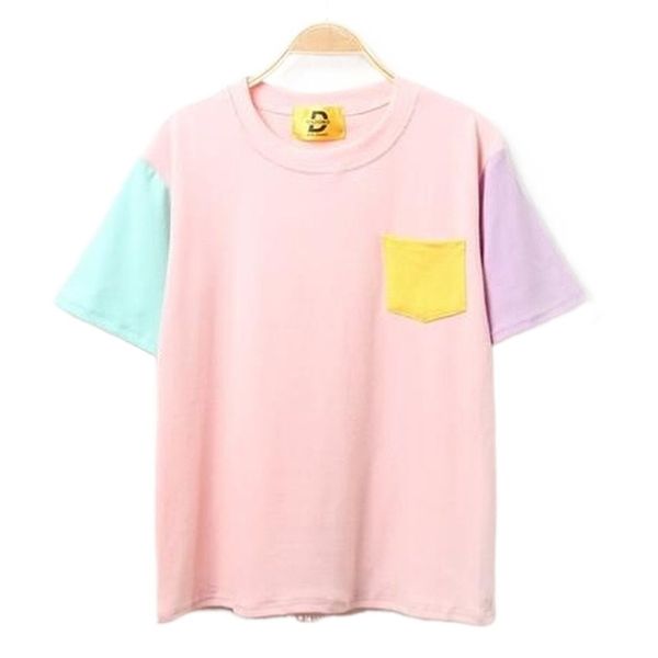 Delle donne Punk Harajuku Ulzzang Scuola di Colore Della Caramella Patch Tasca Allentata T Shirt Femminile Coreano Kawaii Carino Tee E Top M-2XL 210315