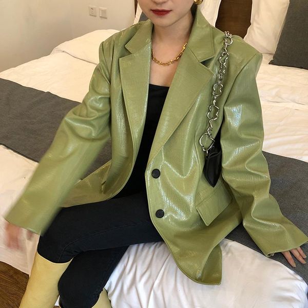 

women's leather & faux 2021 pu jacket women korean loose fit lapel y2k green long sleeve clothes chic vintage female outwear coat, Black